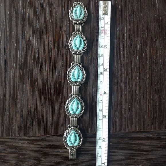 VTG silver tone, blue celluloid link bracelet - Picture 3 of 5